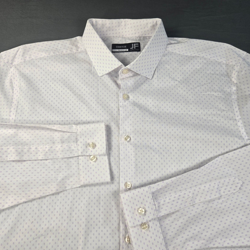 JF J.Ferrar Men's Regular Fit Stretch Dress Shirt White Purple Diamond Pattern L